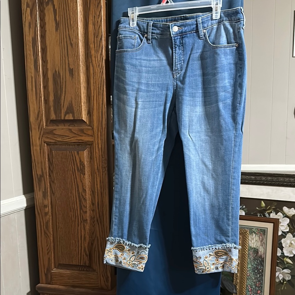 Chico's Blue Ankle Cropped Jeans with Decorative Cuff
